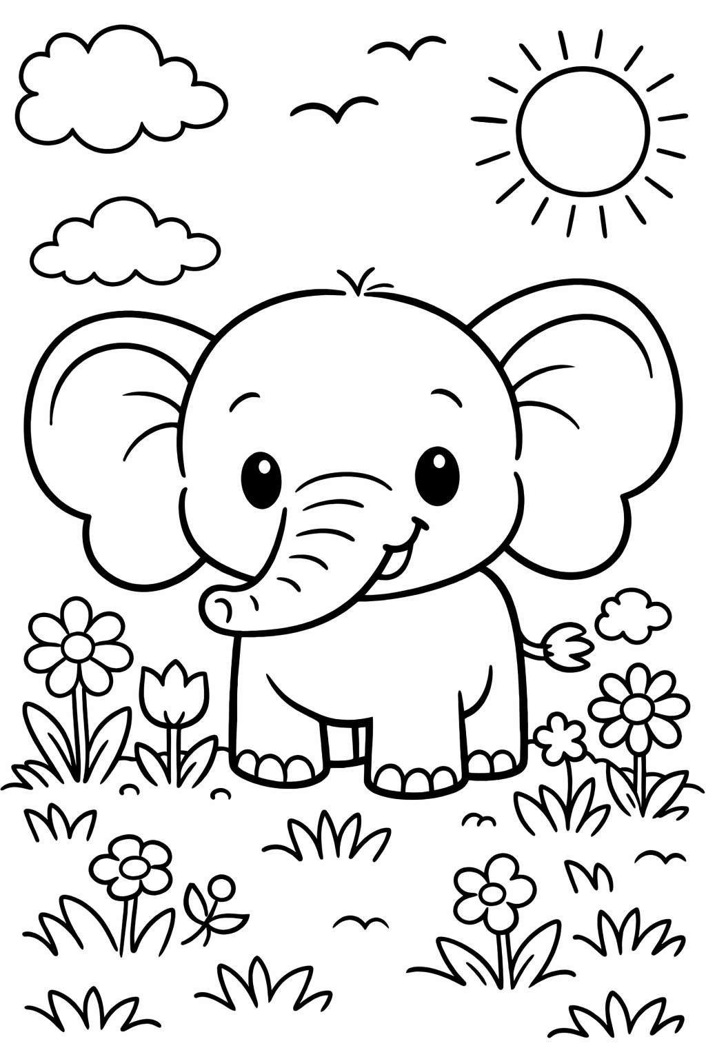 Cute elephant standing in a field with flowers and sun