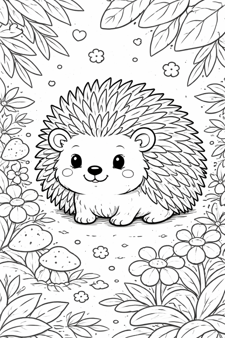 Cute hedgehog surrounded by flowers and leaves.