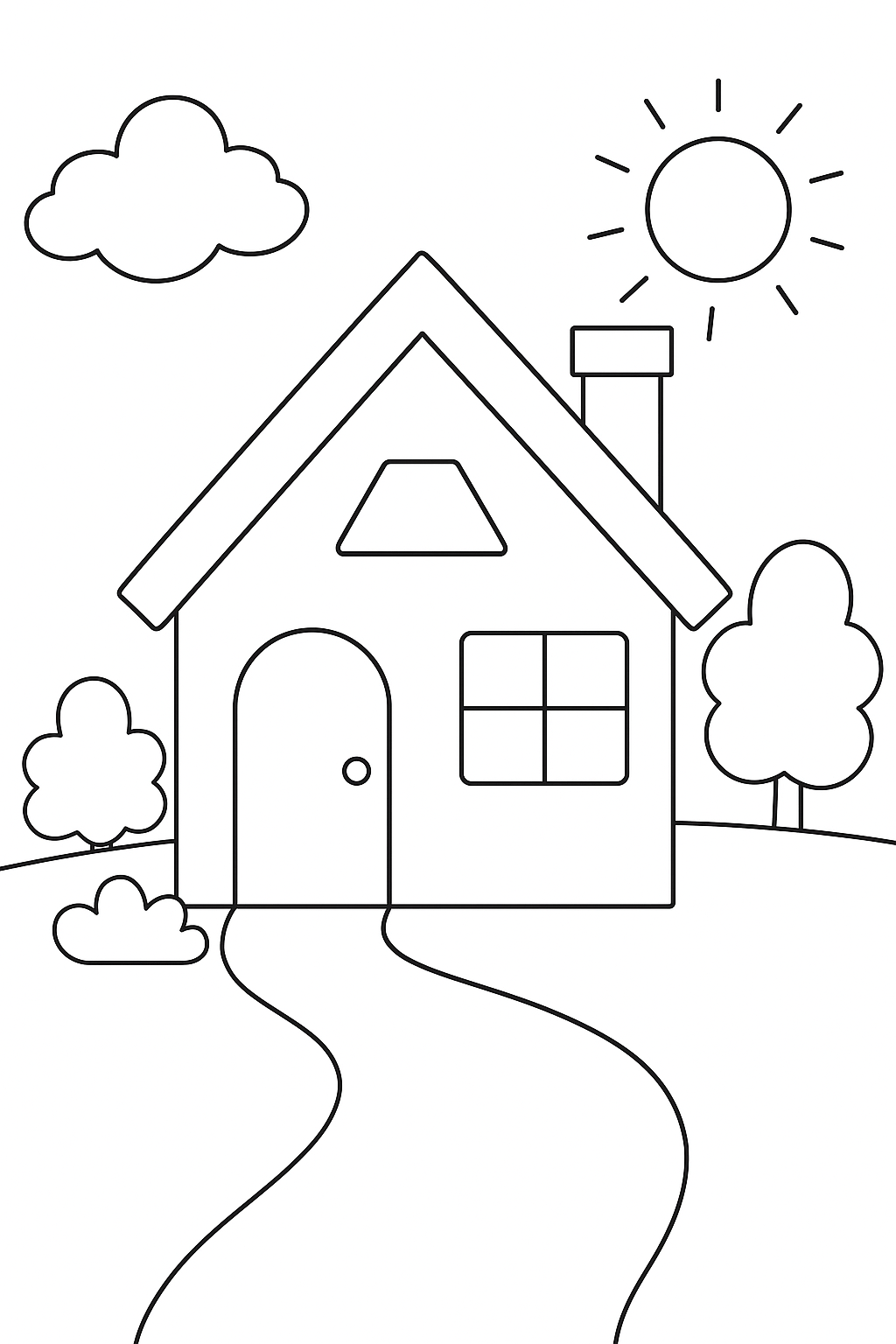 Simple house with trees and sun coloring page for kids