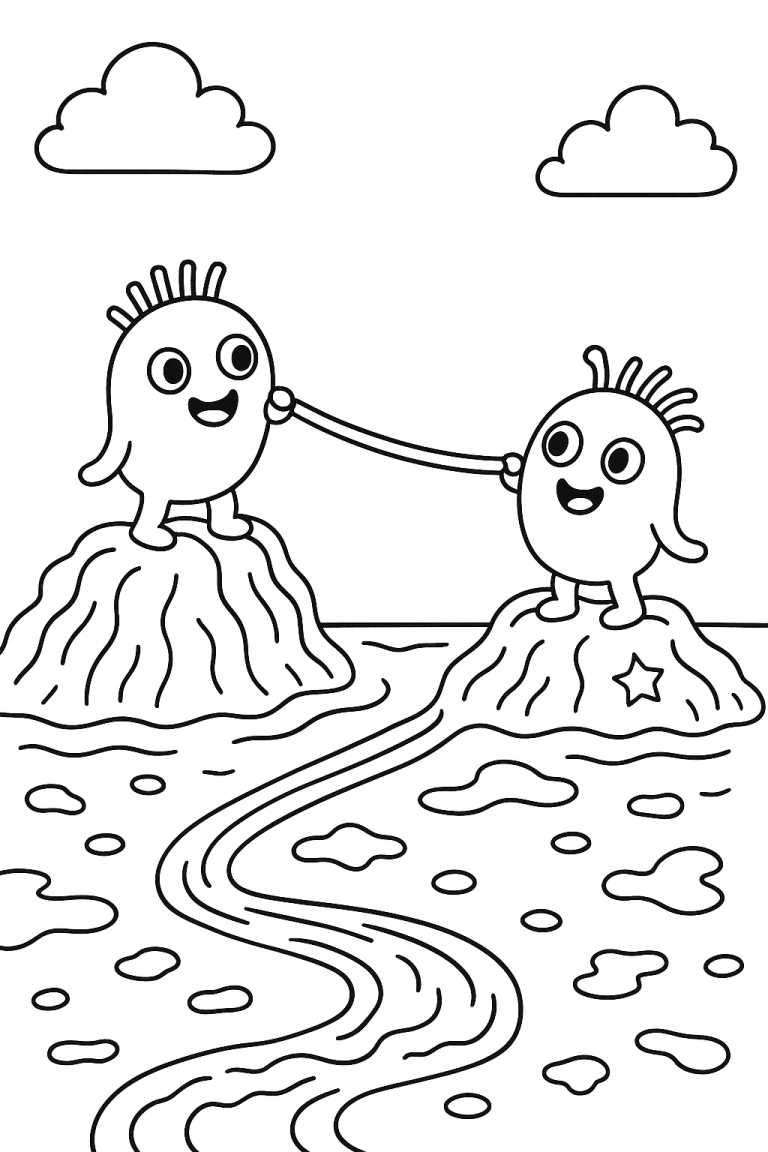 Cute monsters on islands coloring page