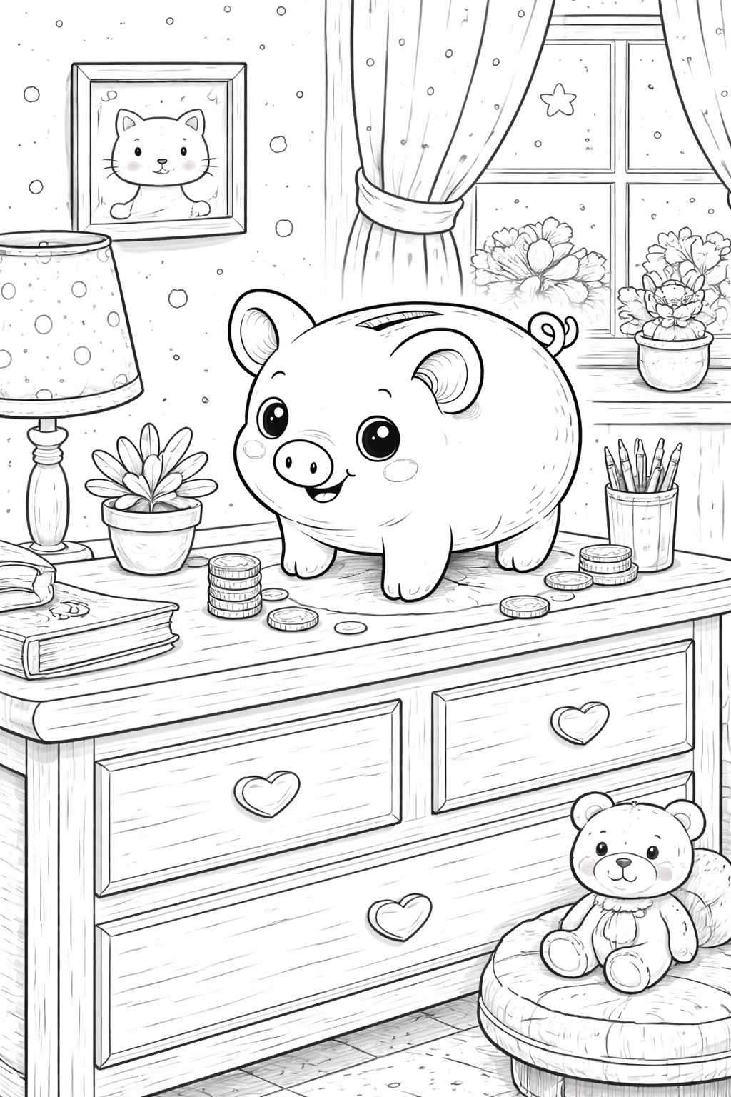 Cute piggy bank on a dresser with coins and toys