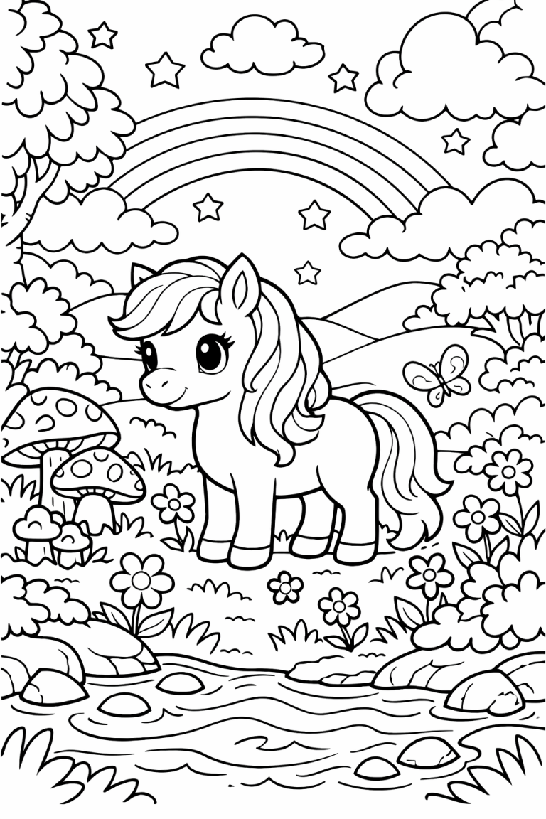 Cute pony with rainbow and flowers