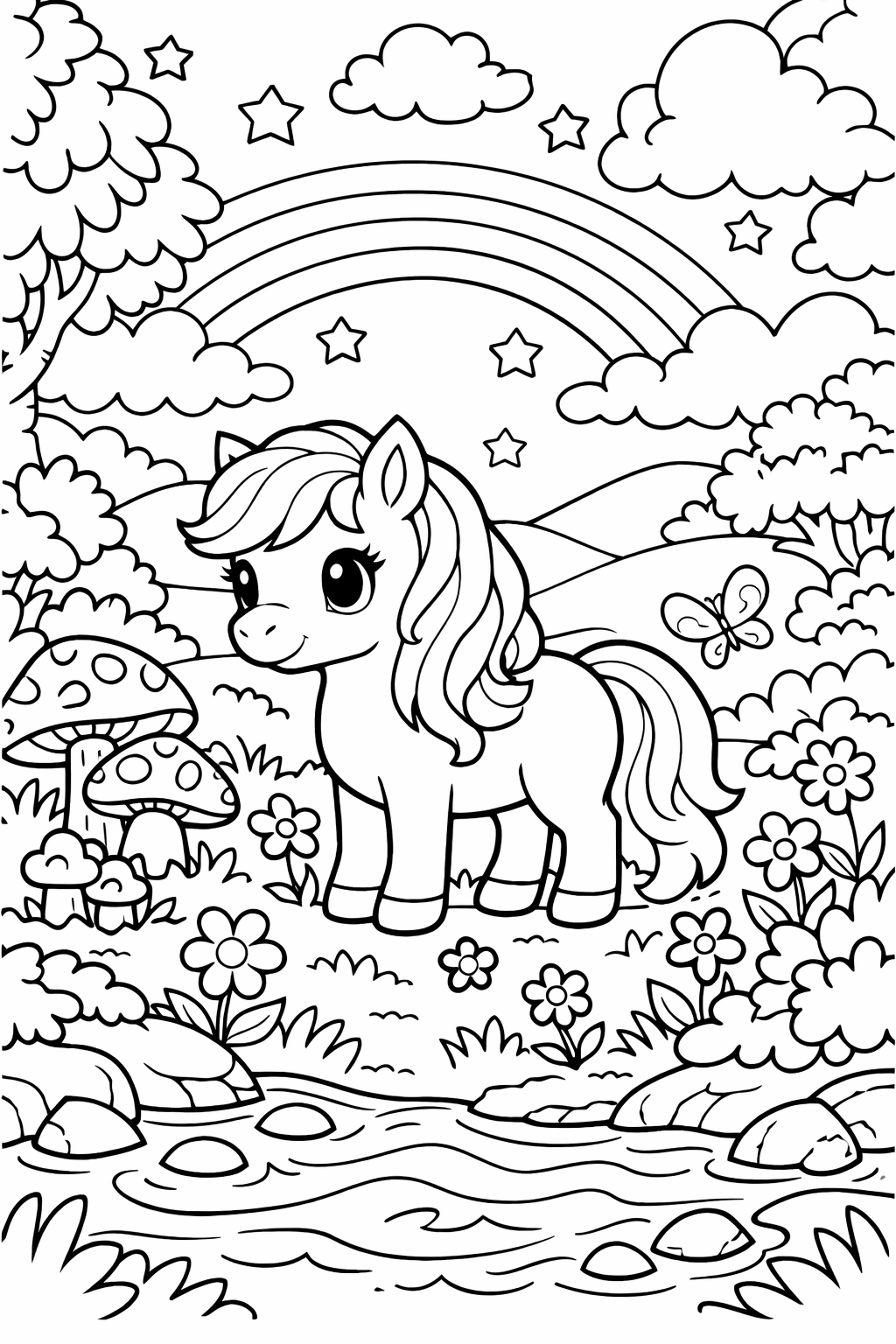 Cute pony with rainbow and flowers