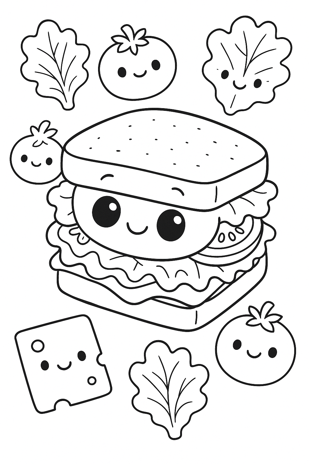 Cute sandwich with smiling ingredients coloring page