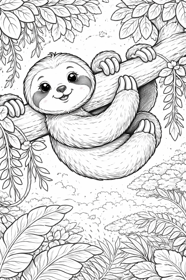 Cute sloth hanging on a tree branch, ready to color