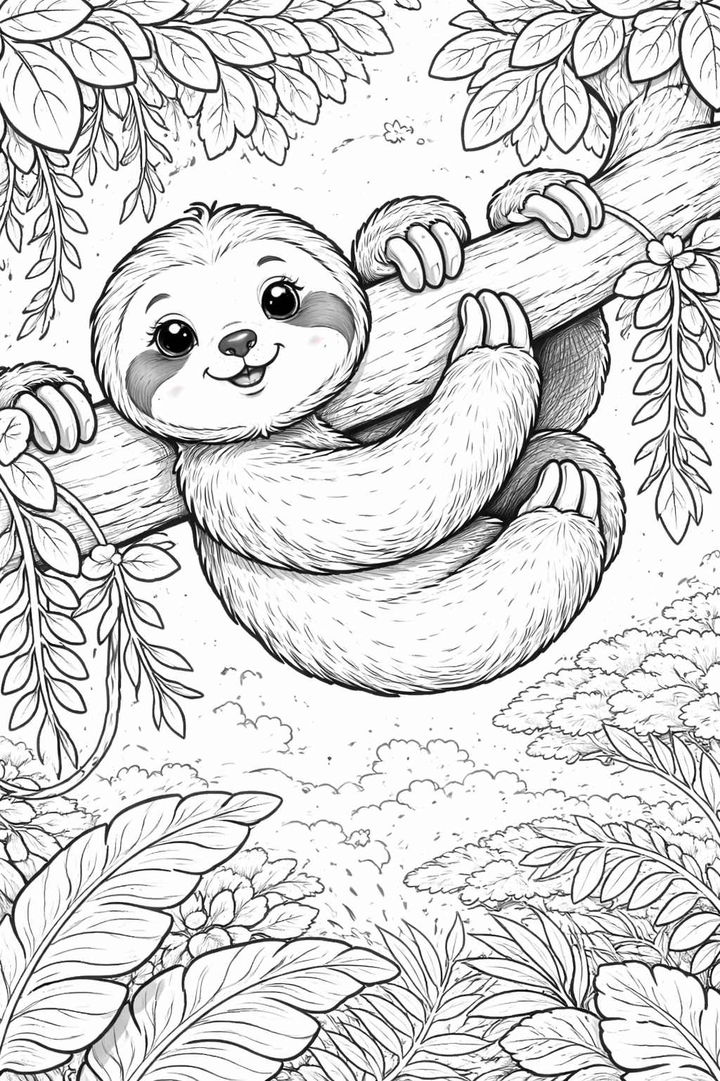Cute sloth hanging on a tree branch, ready to color