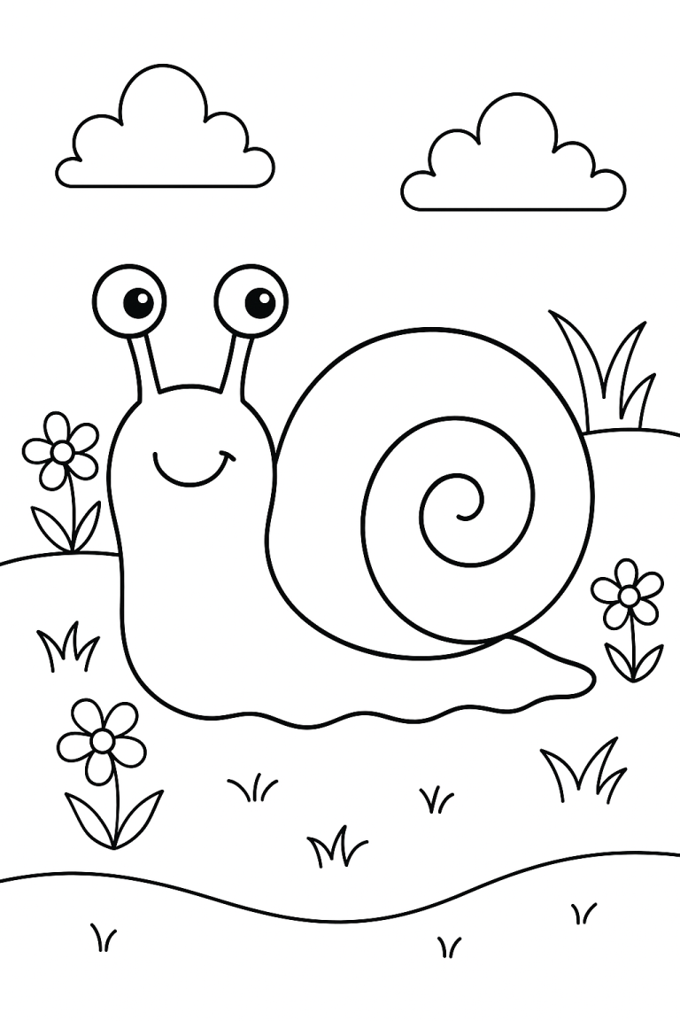 Cute snail coloring page with flowers