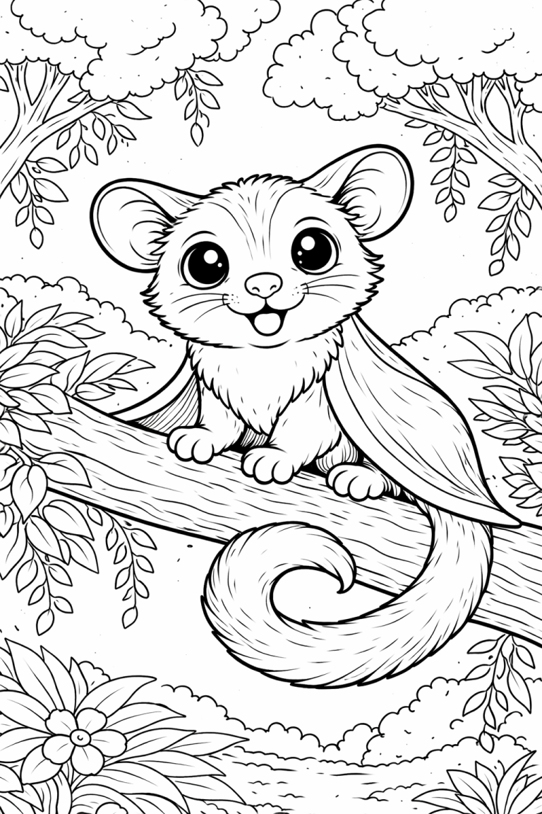 coloring page of a cute sugar glider in forest