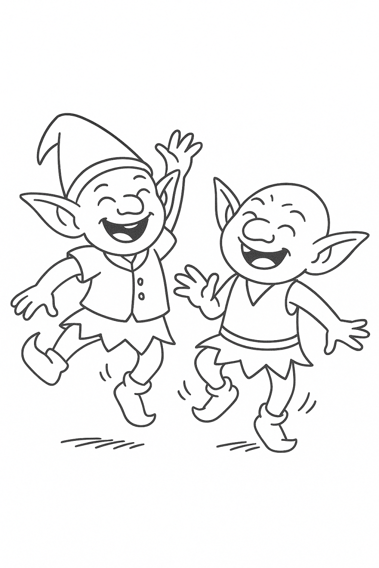 Two happy elves dancing on a coloring page.