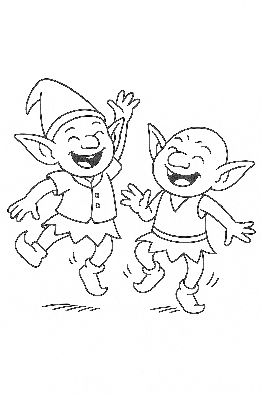 Two happy elves dancing on a coloring page.