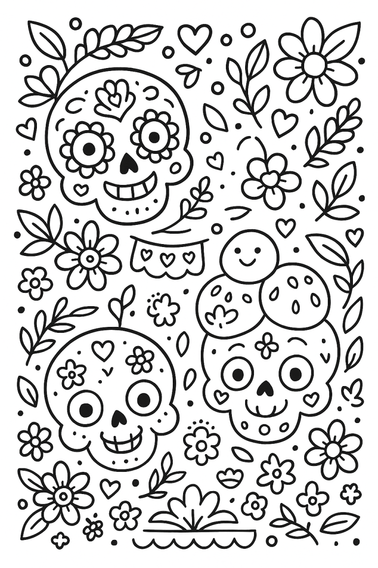 Day of the Dead coloring page with skulls and flowers