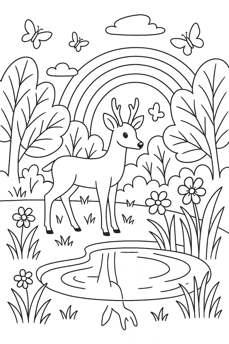 Deer standing near a pond with a rainbow