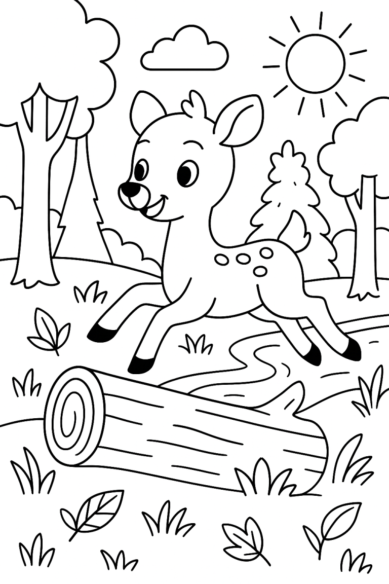 Cute deer in a forest on a coloring page