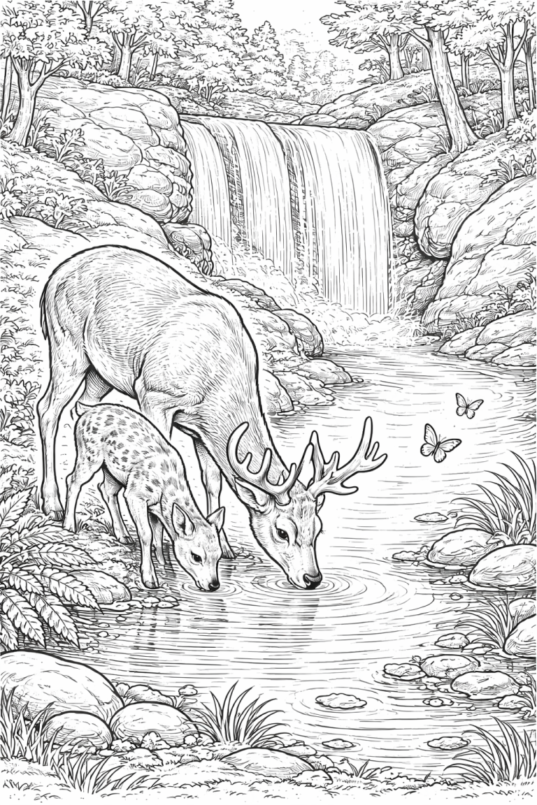 Deer drinking by a waterfall in a forest scene