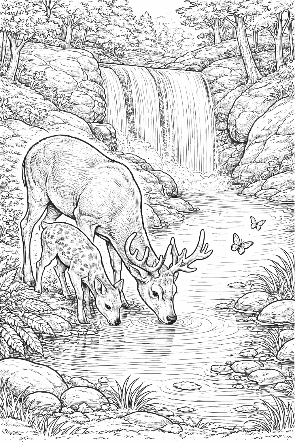 Deer drinking by a waterfall in a forest scene
