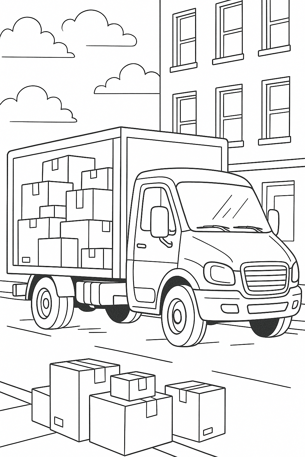 Coloring page of a delivery truck with boxes in a city setting