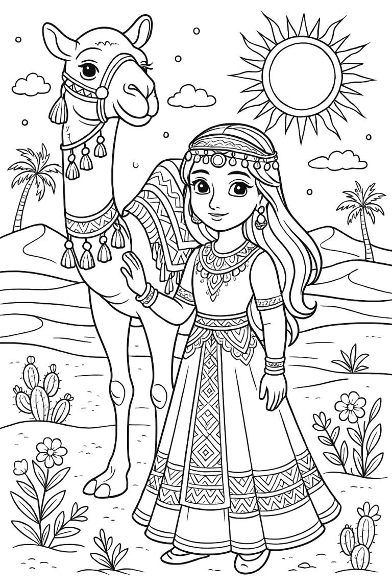 Girl and camel in a desert scene for coloring