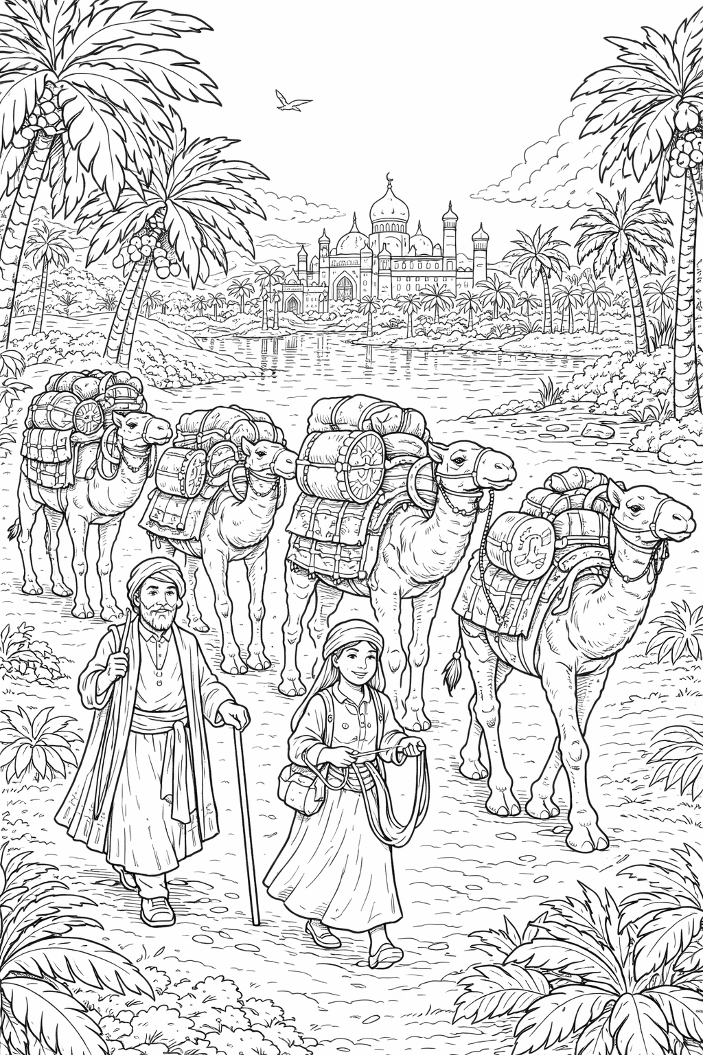 Desert caravan coloring page with camels and travelers