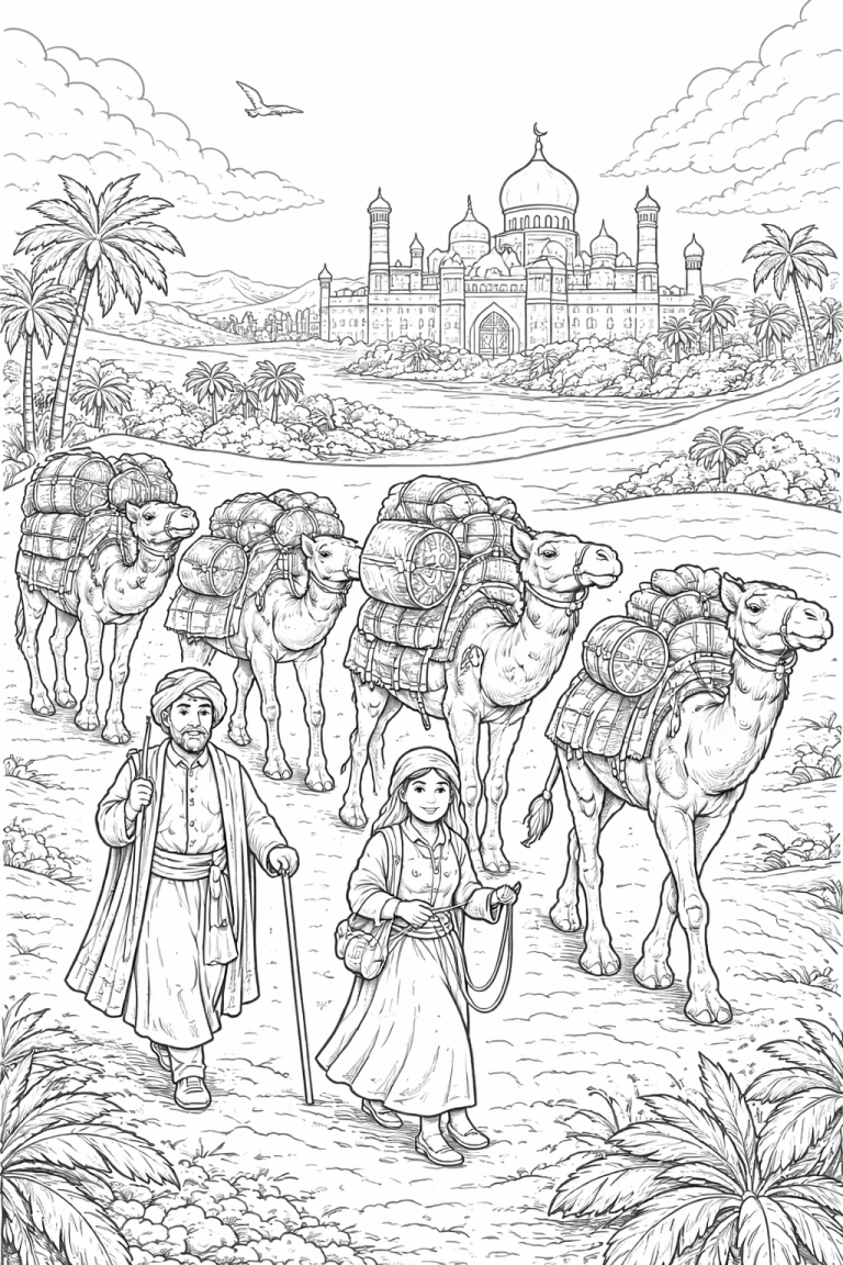 Coloring page of a desert scene with camels and palace