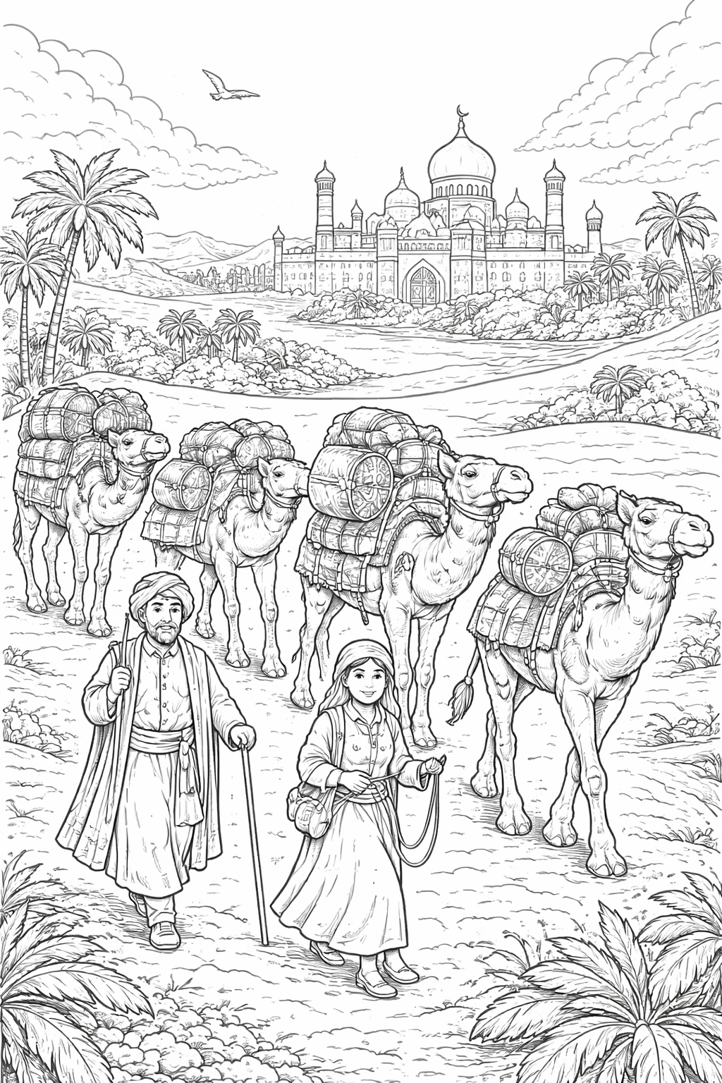 Coloring page of a desert scene with camels and palace