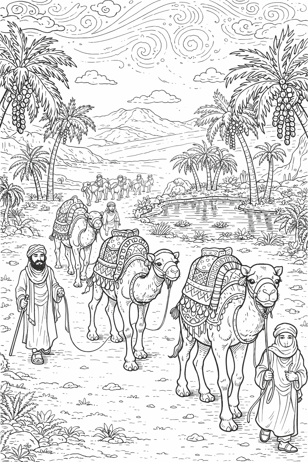 Desert caravan scene with camels and palm trees