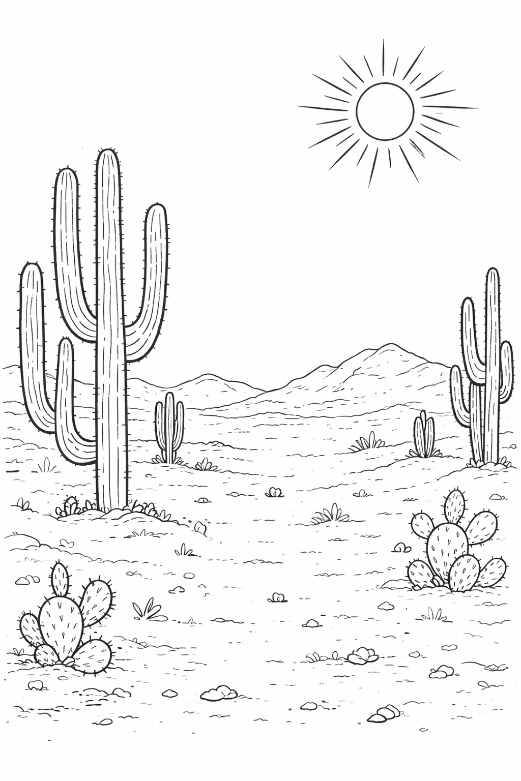 Desert landscape coloring page with cacti under the sun