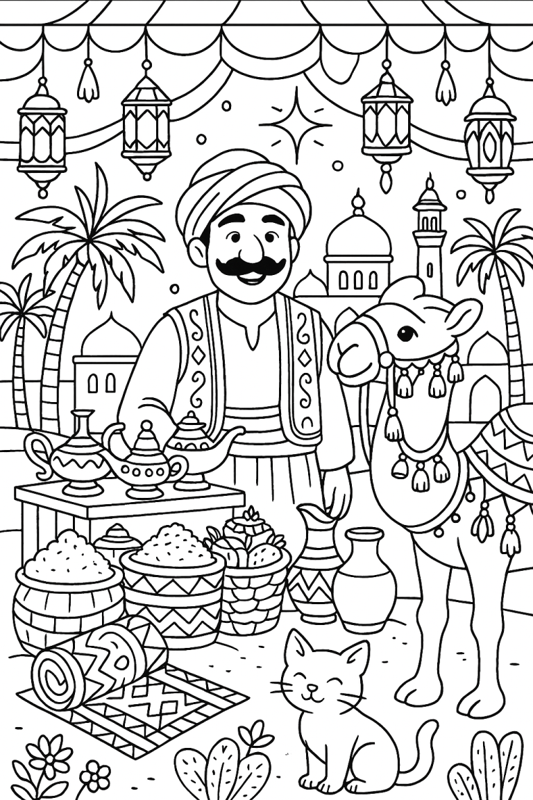 Coloring page of a desert market with a merchant and camel