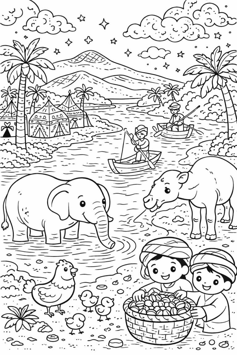 Children's coloring page of a desert oasis scene with animals and people.