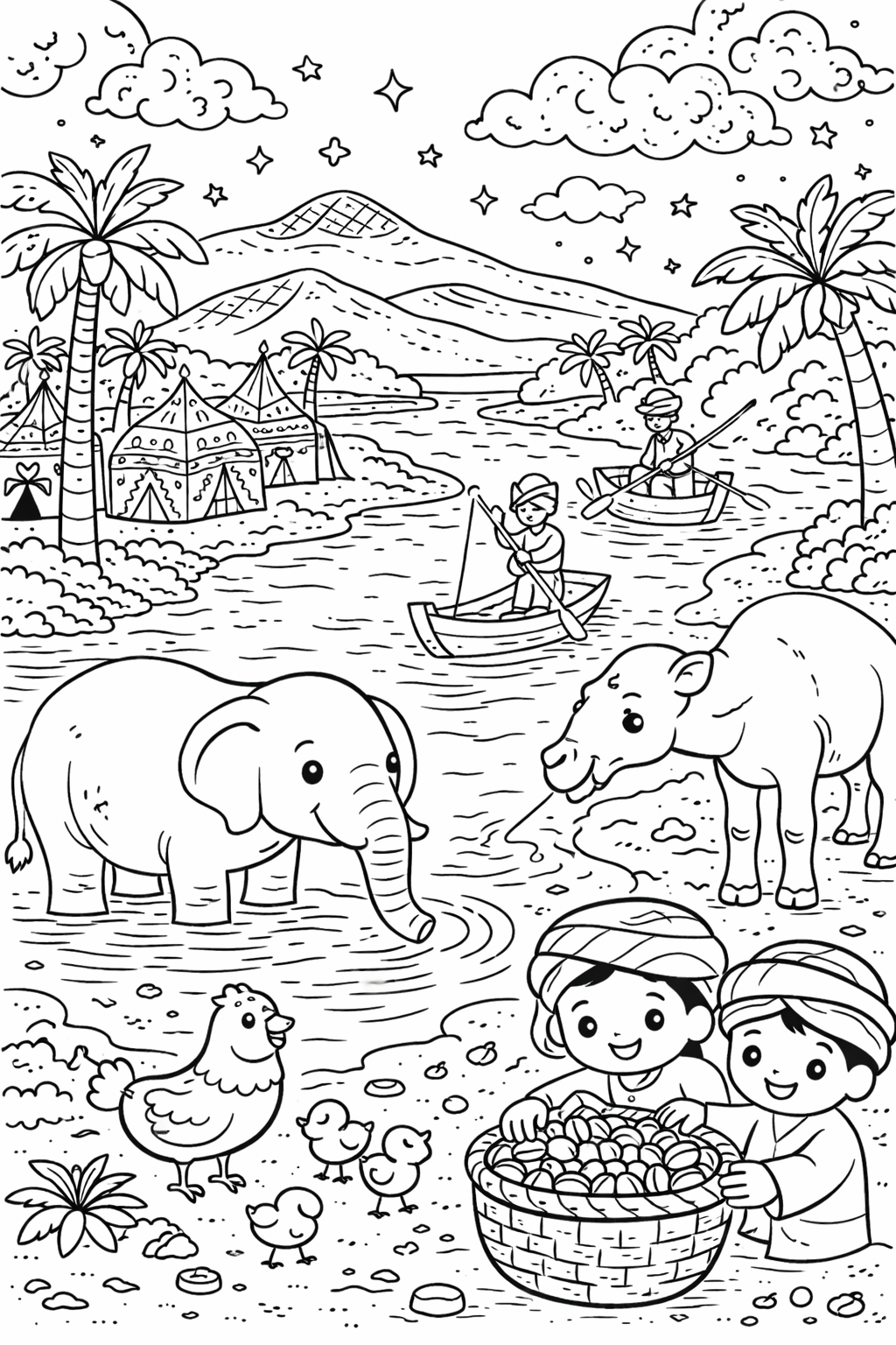 Children's coloring page of a desert oasis scene with animals and people.