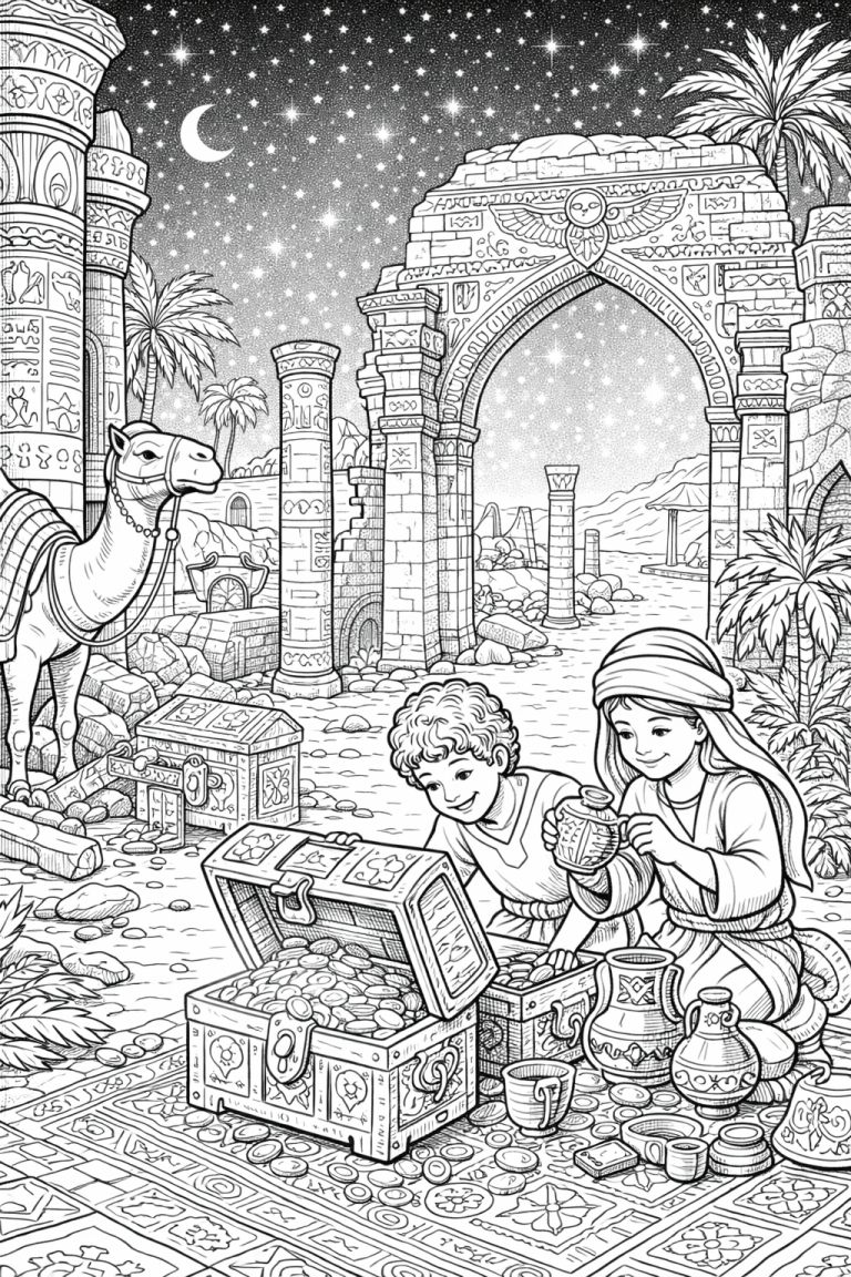 Children finding treasure in a desert scene
