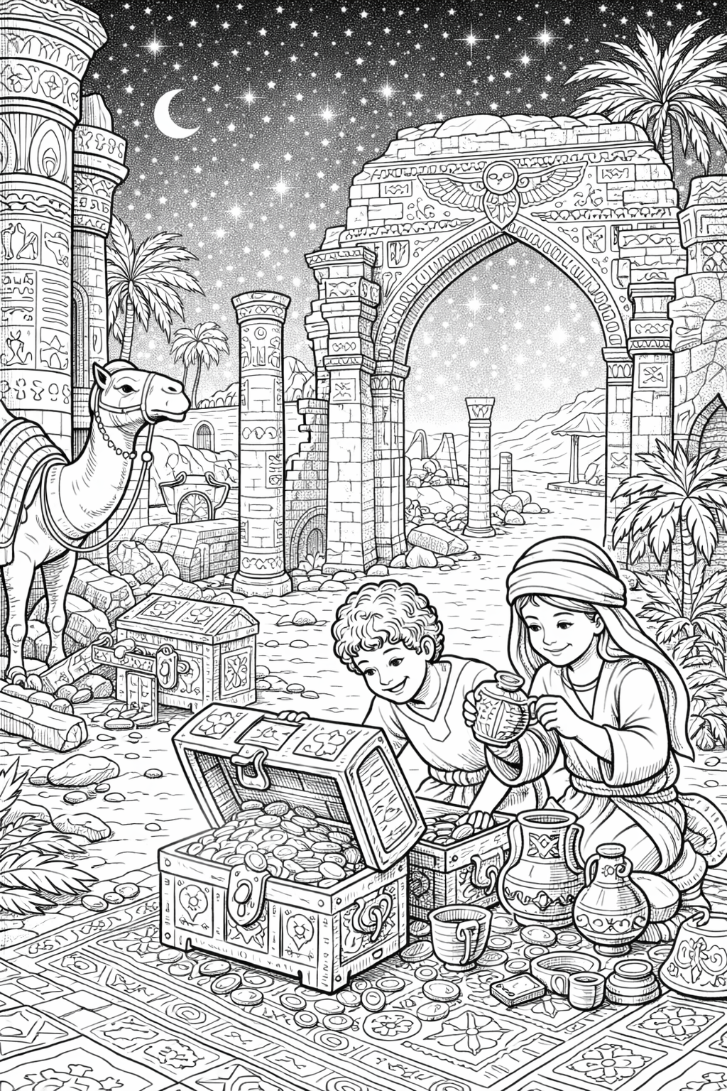 Children finding treasure in a desert scene