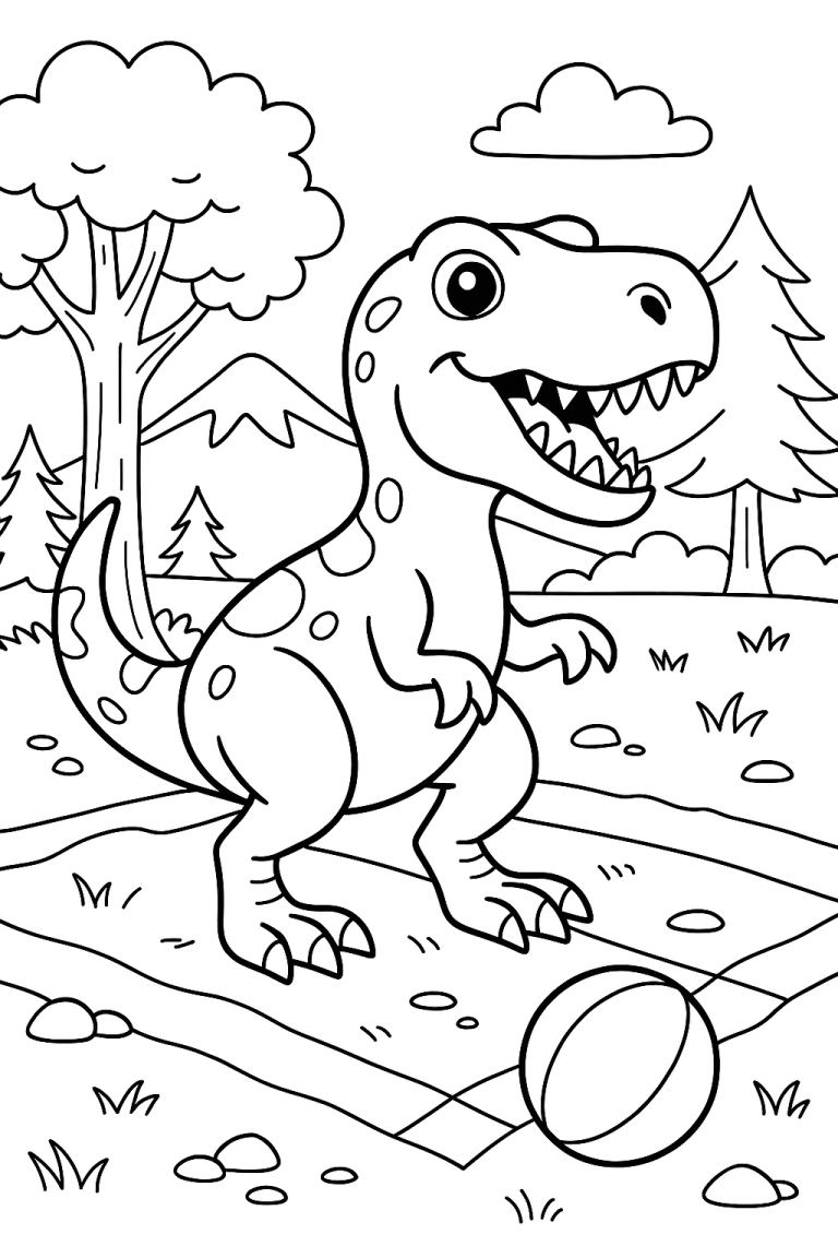 Playful dinosaur in a coloring page for kids