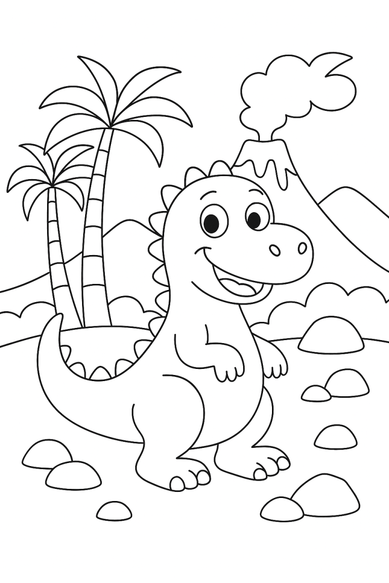 Cute dinosaur coloring page with volcano and palm trees