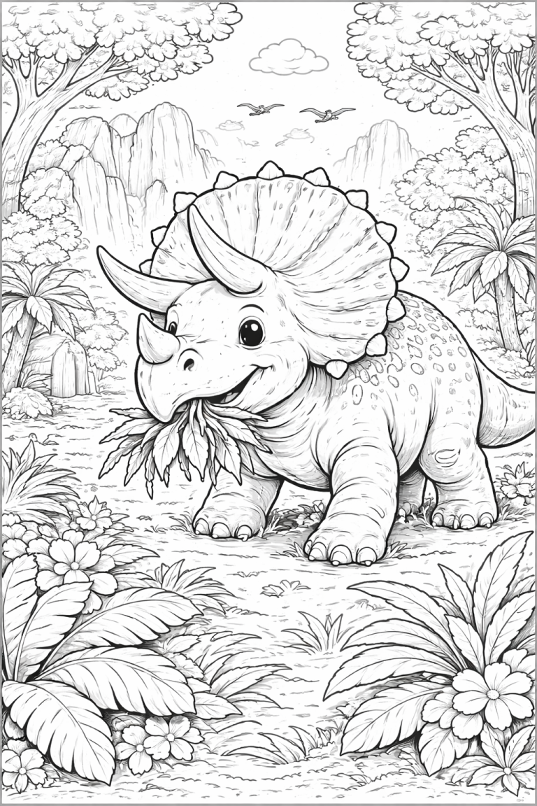 Dinosaur coloring page with a happy dinosaur in a forest