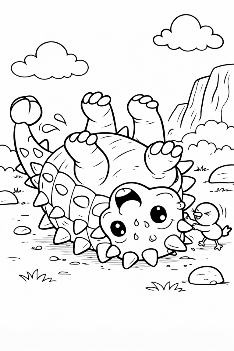 Cute dinosaur and chick coloring page