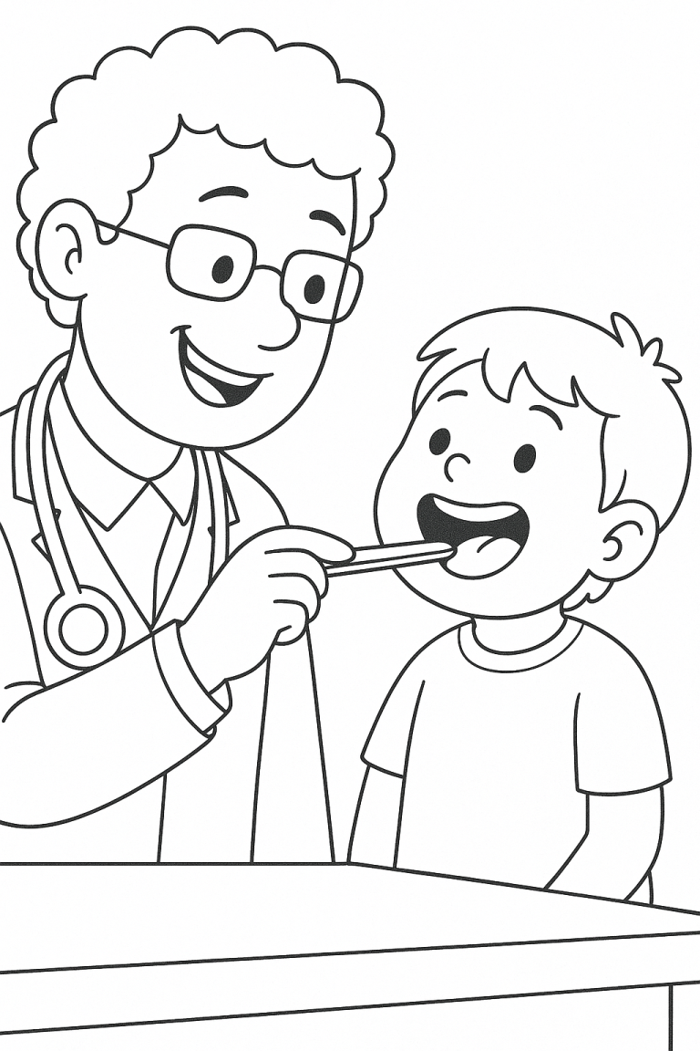 Doctor performing a checkup on a child coloring page