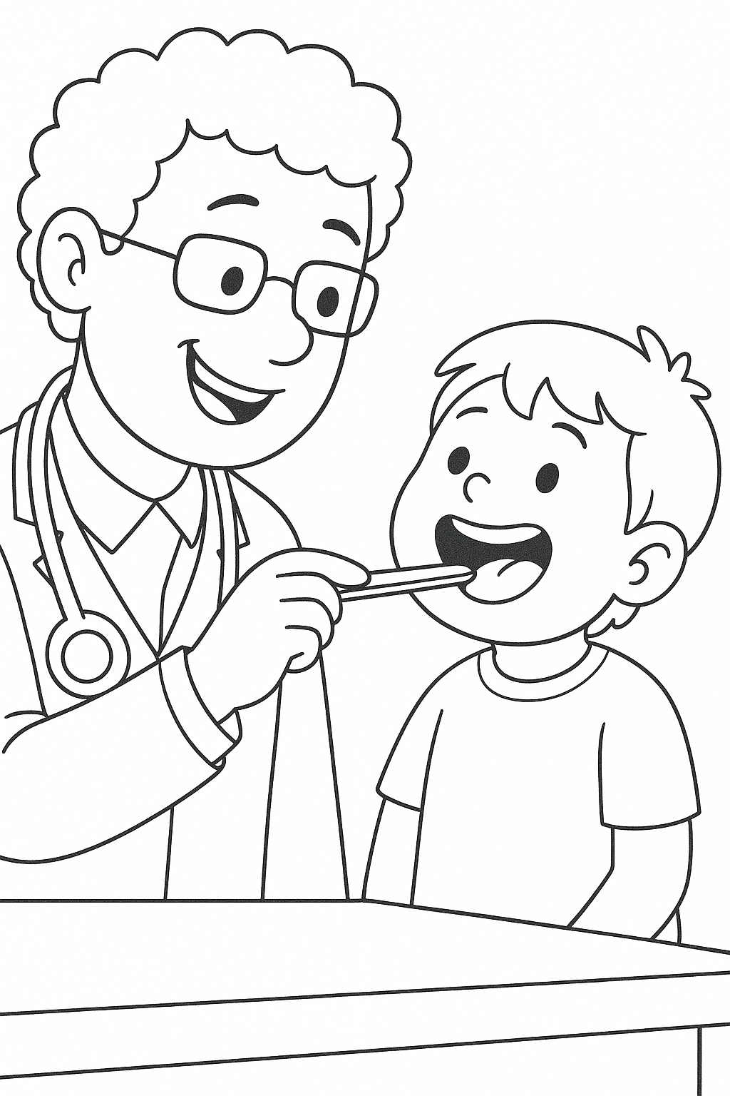 Doctor performing a checkup on a child coloring page