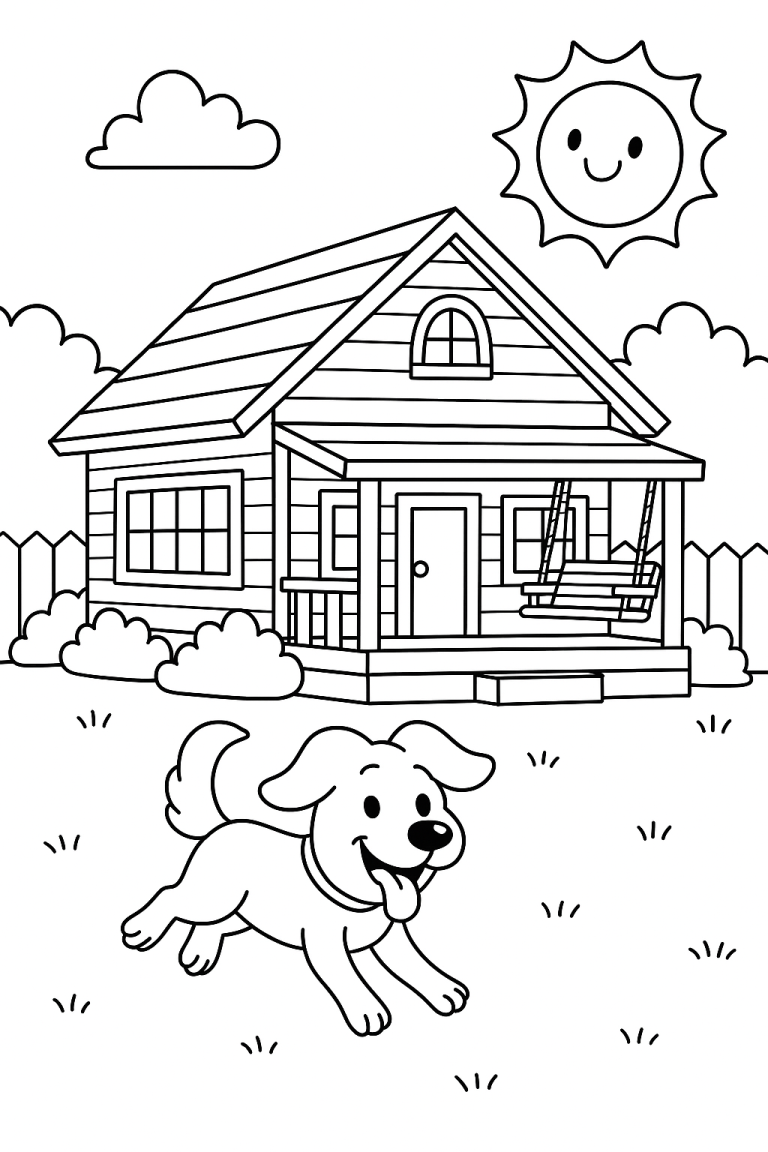 Coloring page of a dog playing in front of a house with a sunny sky.