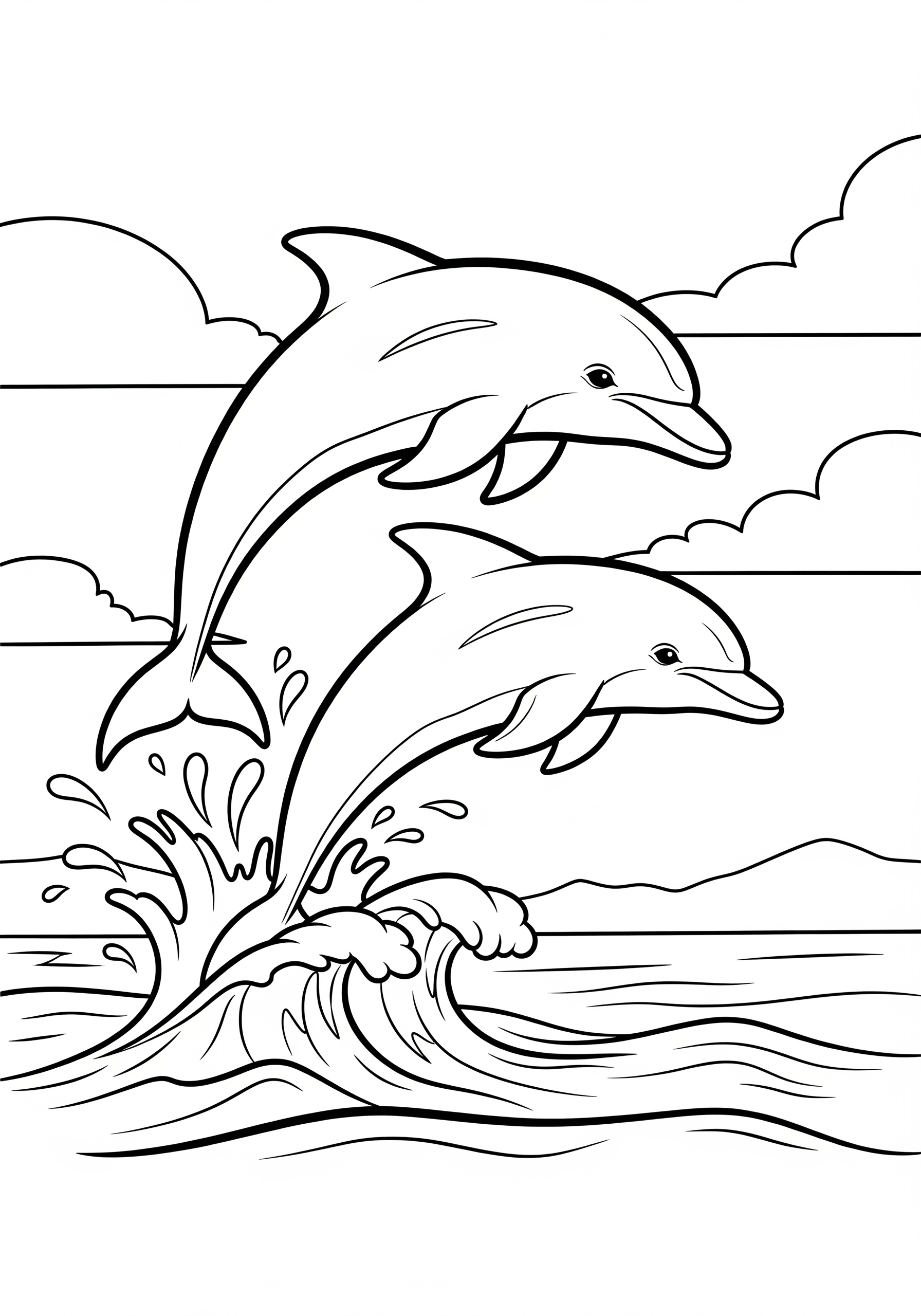 Two dolphins jumping over ocean waves