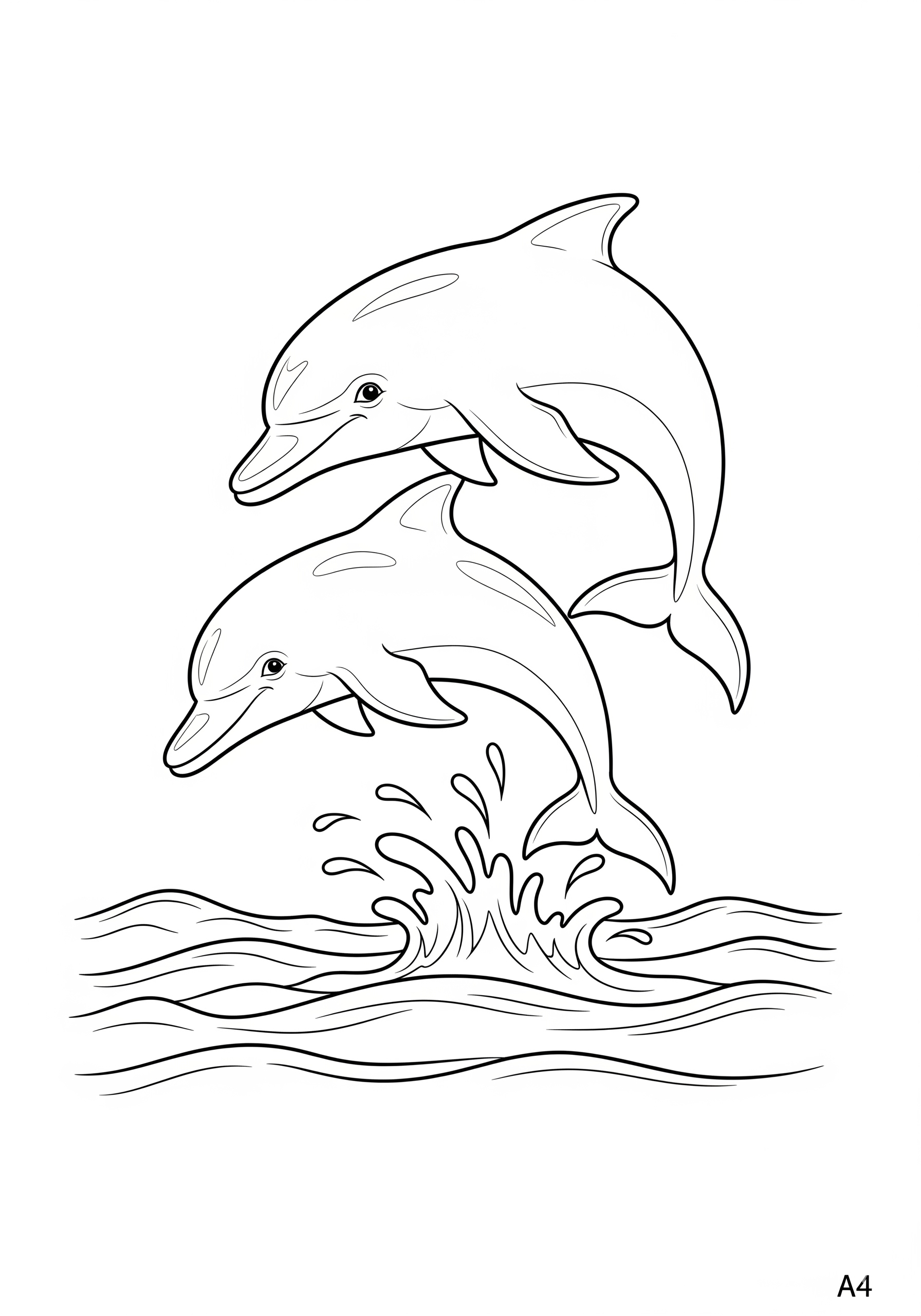 Two dolphins jumping over waves in a coloring page