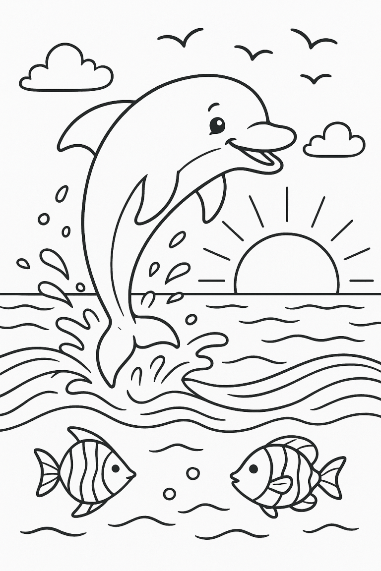 Coloring page of a dolphin jumping over waves with sunset.