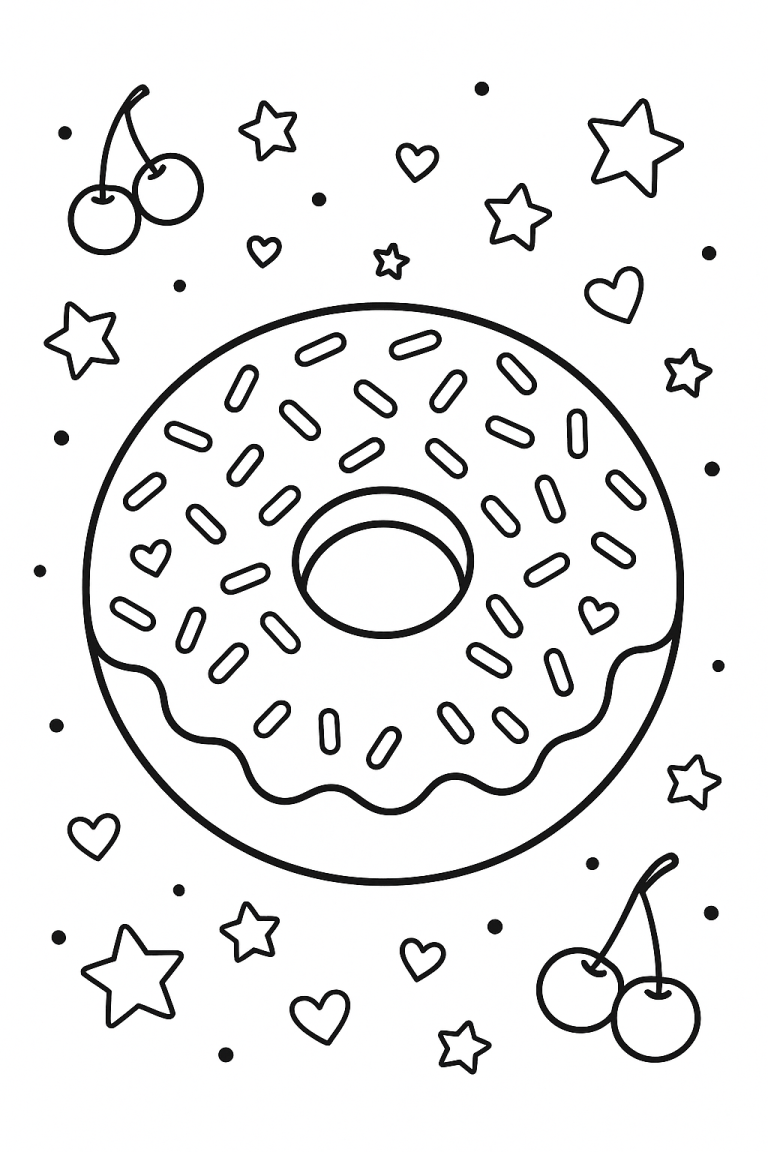 Donut with sprinkles and cherries coloring page