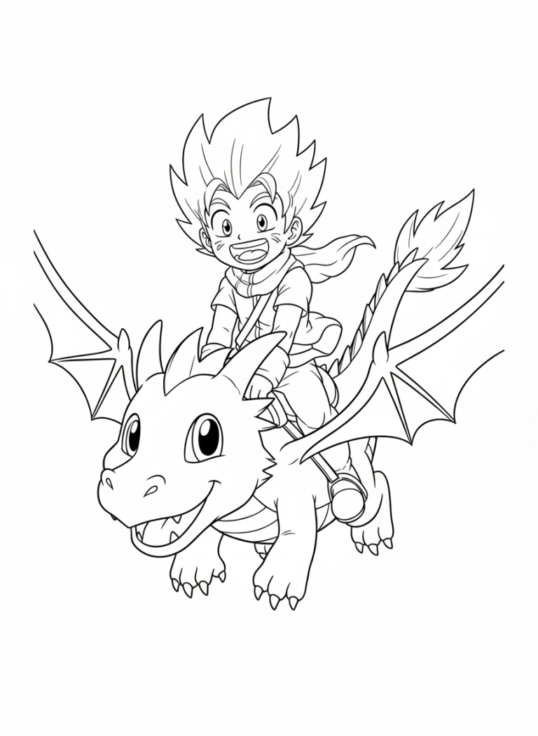 Child riding a smiling dragon coloring page