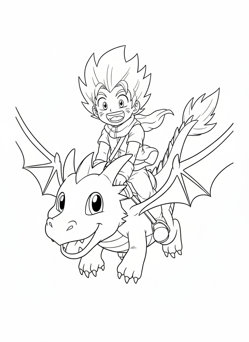 Child riding a smiling dragon coloring page