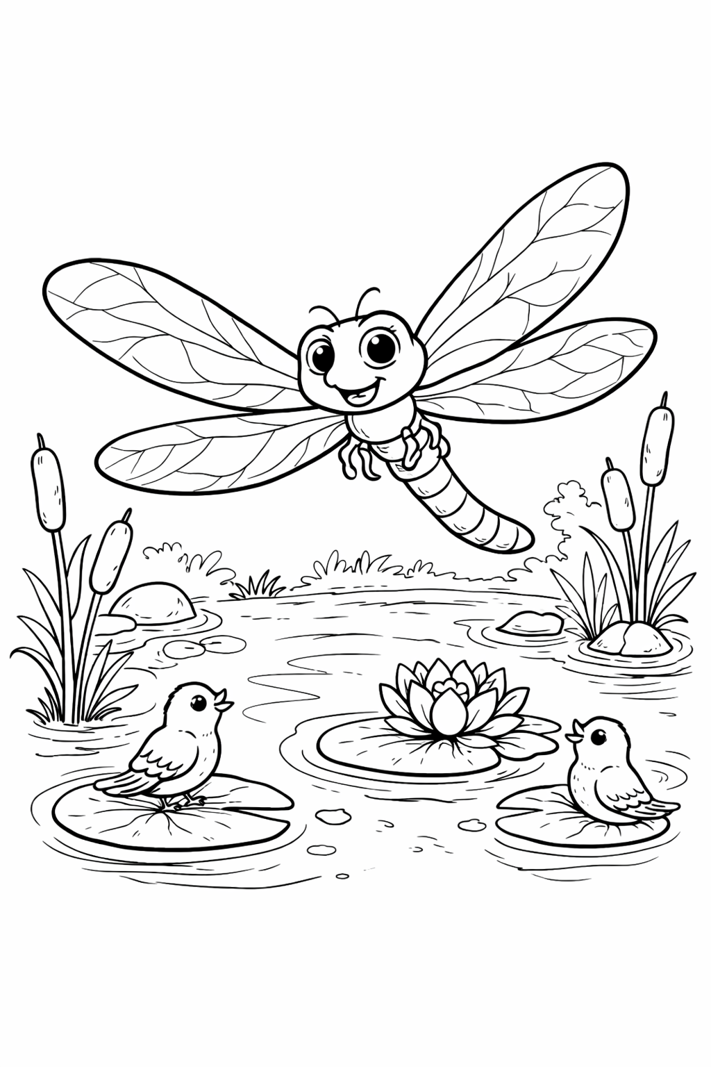 Dragonfly and birds in a pond coloring page.