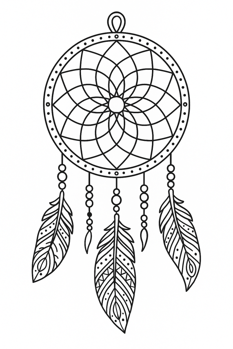 Dreamcatcher coloring page with beads and feathers