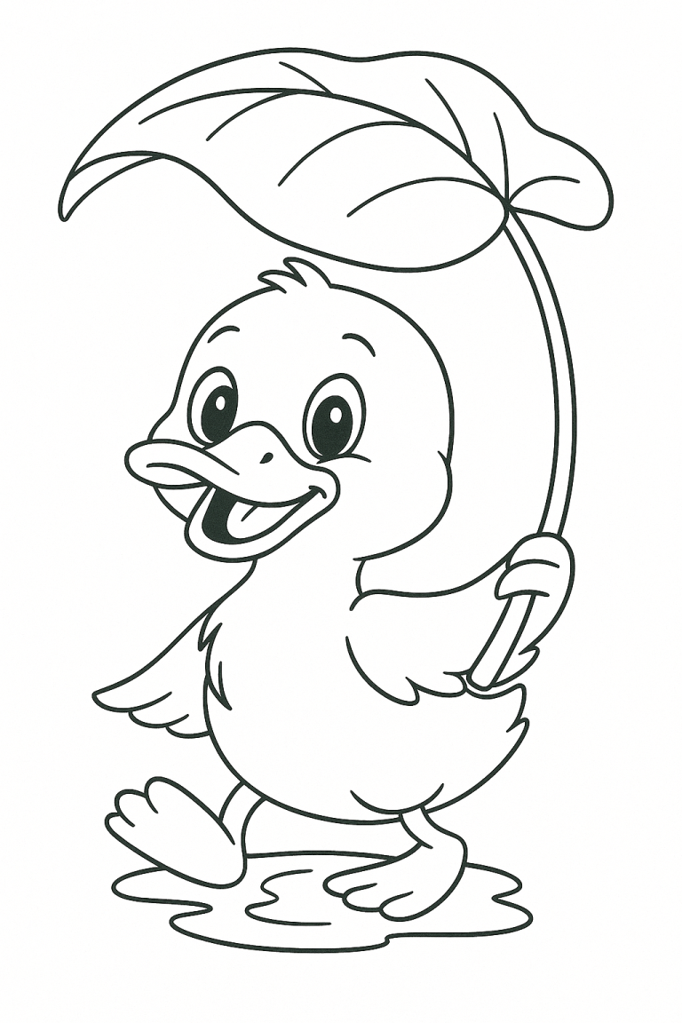 Coloring page of a happy duck holding a leaf