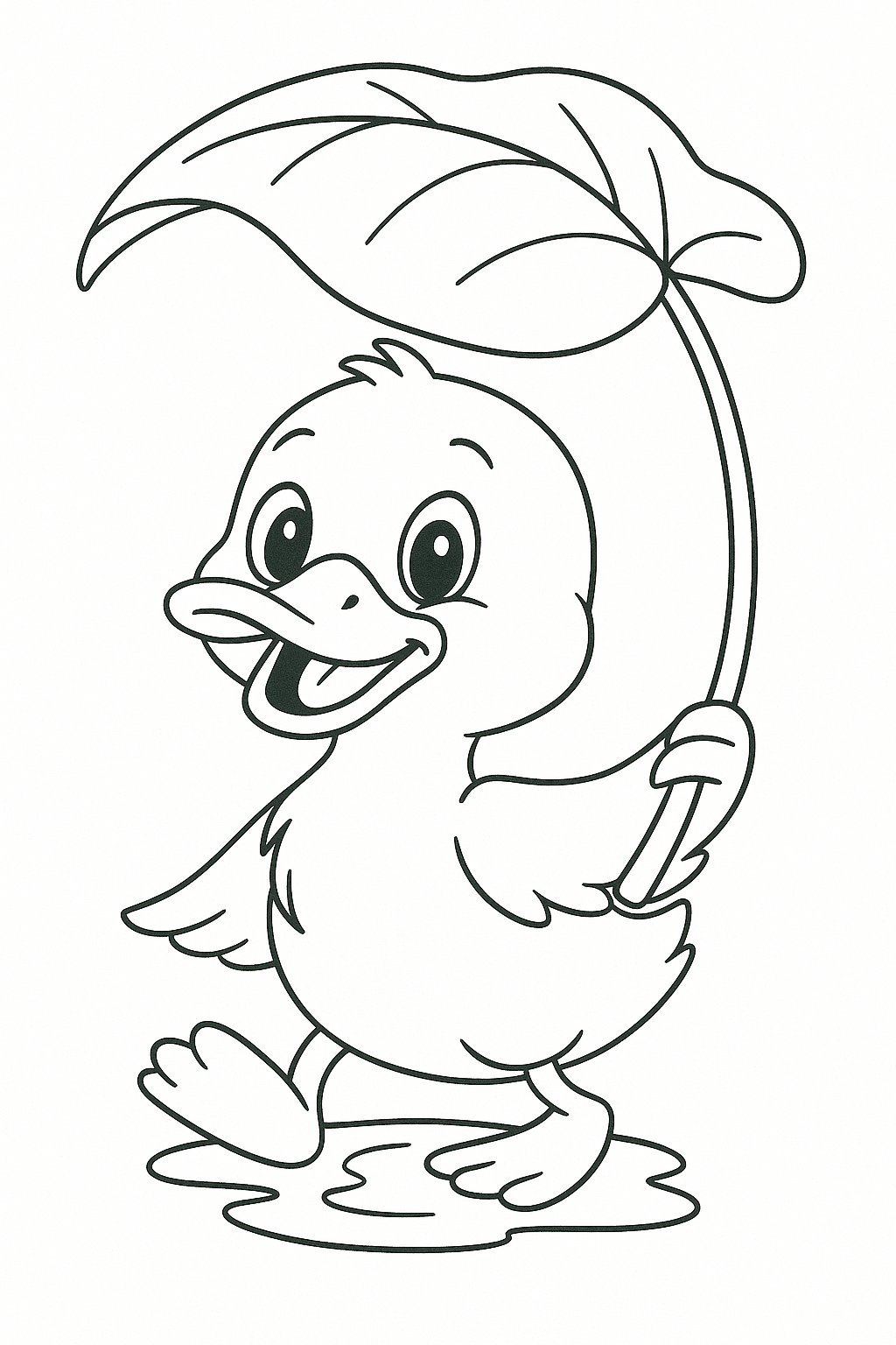 Coloring page of a happy duck holding a leaf