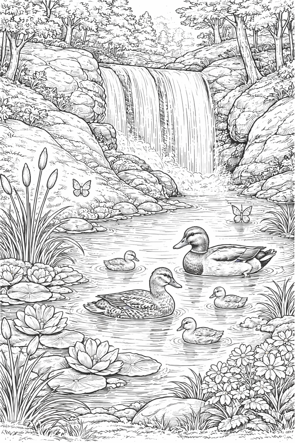Duck family and waterfall coloring page