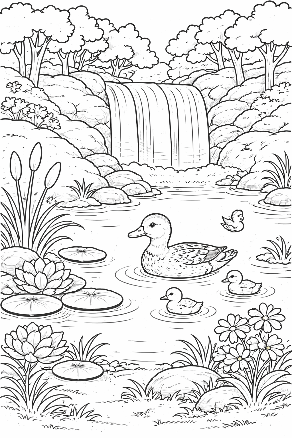 Duck pond scene coloring page with ducks and waterfall